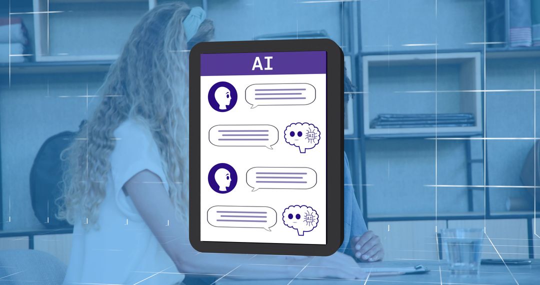 Colleagues Reviewing AI Chat Interface on Tablet While Collaborating at Modern Office Table