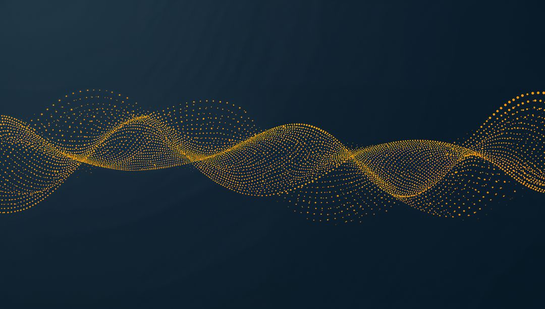 Golden Particle Wave Ribbon Flowing Across Dark Blue Background