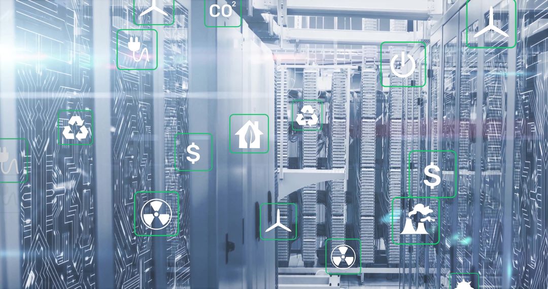 Eco Friendly Digital Icons Over Server Room Illustrating Data Processing