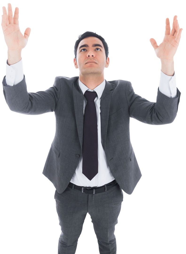 Focused Biracial Businessman Looking Up on Transparent Background