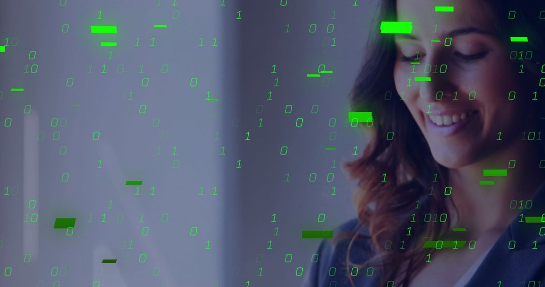 Businesswoman Envisioning Digital Future with Binary Code Overlay