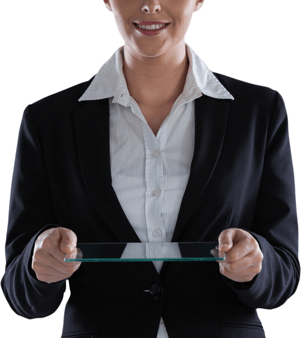 Transparent Businesswoman Holding Glass Screen Tablet Concept