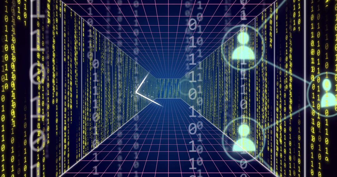 Digital Data Network Grid with Binary Code and User Connectivity Symbols