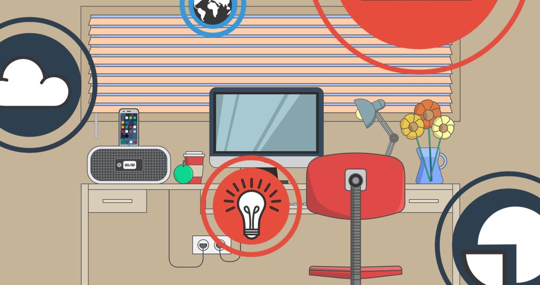 Digital Workspace with Media Icons Overlay Illustration