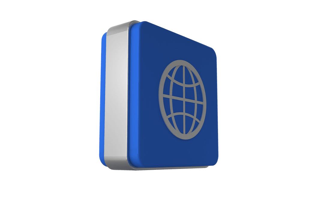 Blue Silver Cube with Digital Globe Icon on Transparent Background