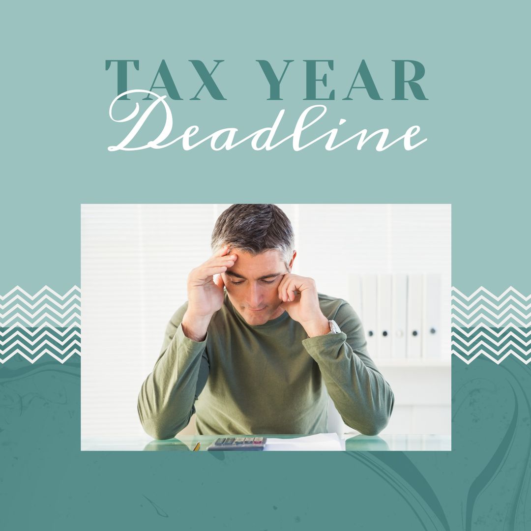 Stressed Man Preparing Taxes with Calculator and Documents