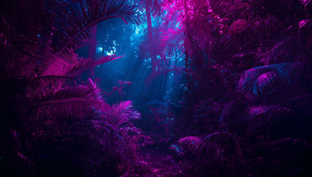 Mysterious Neon Glow in Lush Tropical Jungle with Colorful Foliage