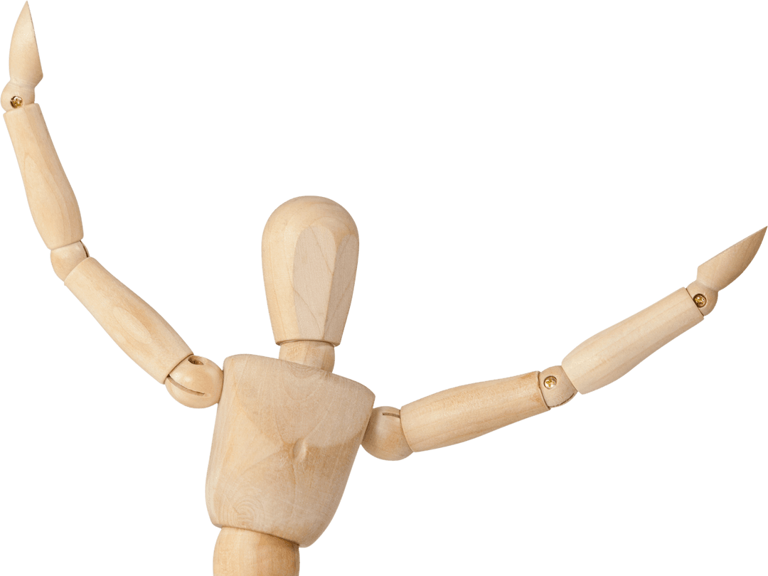 Transparent Wooden Figurine Posing with Arms Raised in Joy