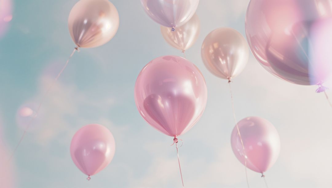 Pastel Pink and Rose Gold Balloons Floating in Soft Blue Sky