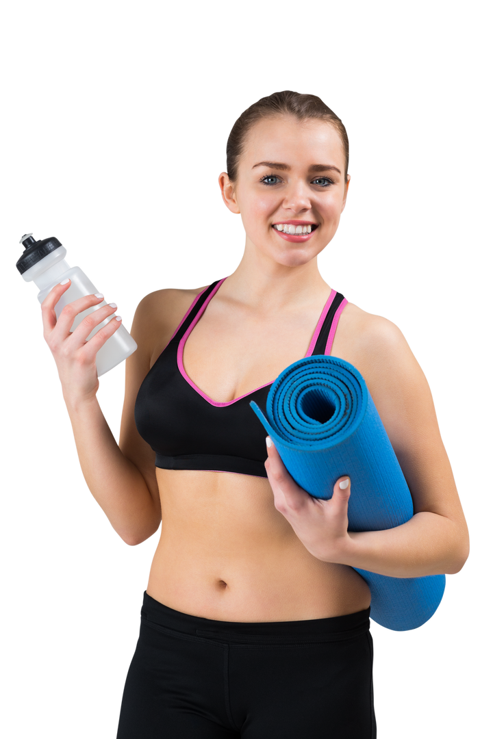 Transparent Young Woman in Sport Attire Holding Yoga Mat and Water Bottle Smiling - Download Free Stock Images Pikwizard.com