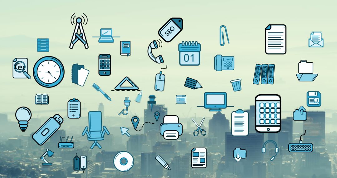 Modern Technology Icons Overlay on Cityscape Background