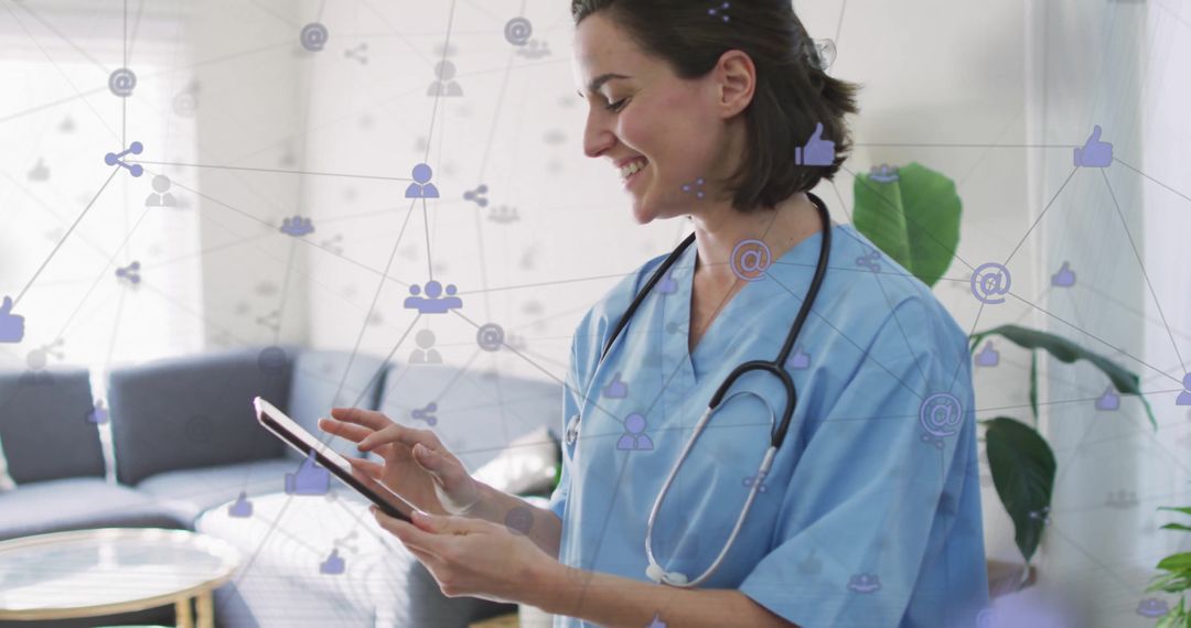Smiling Nurse Engaging with Digital Connectivity for Healthcare Management