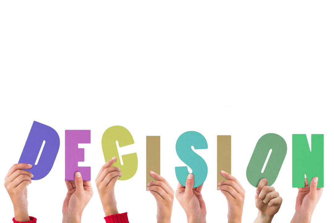 Transparent Hands Holding Decision Text, Resolution Concept