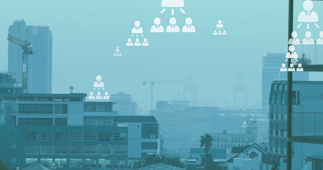 Digital Network Icons Over Cityscape for Business and Communication