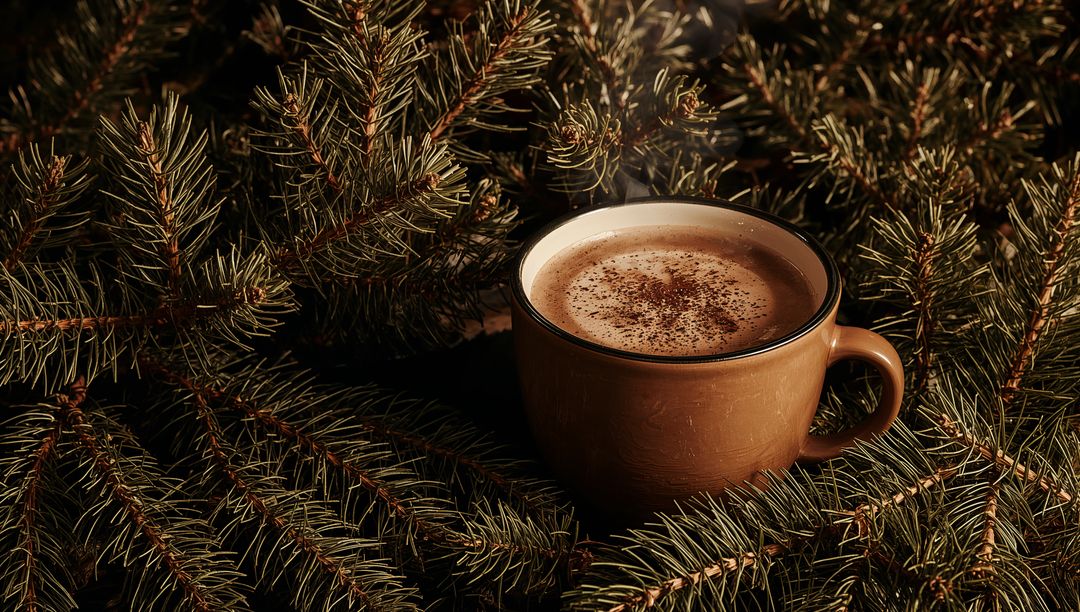 Rustic brown mug nestling in evergreen branches holding frothy hot cocoa for winter warmth