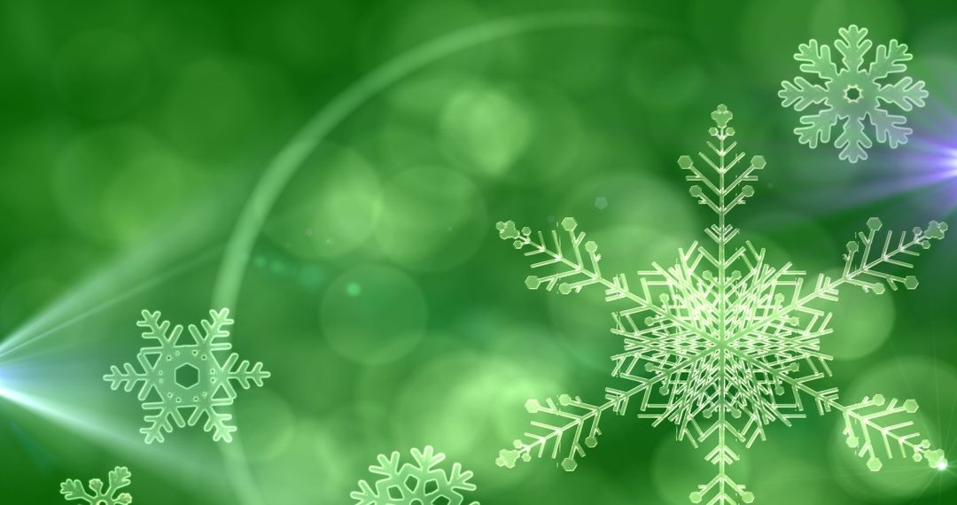 Abstract Green Background with Snowflakes and Light Bokeh