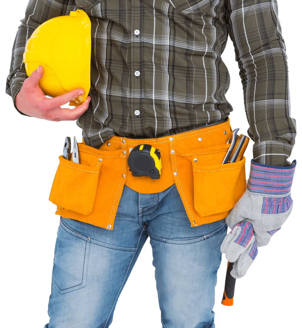 Transparent Construction Worker Holding Safety Helmet and Tools