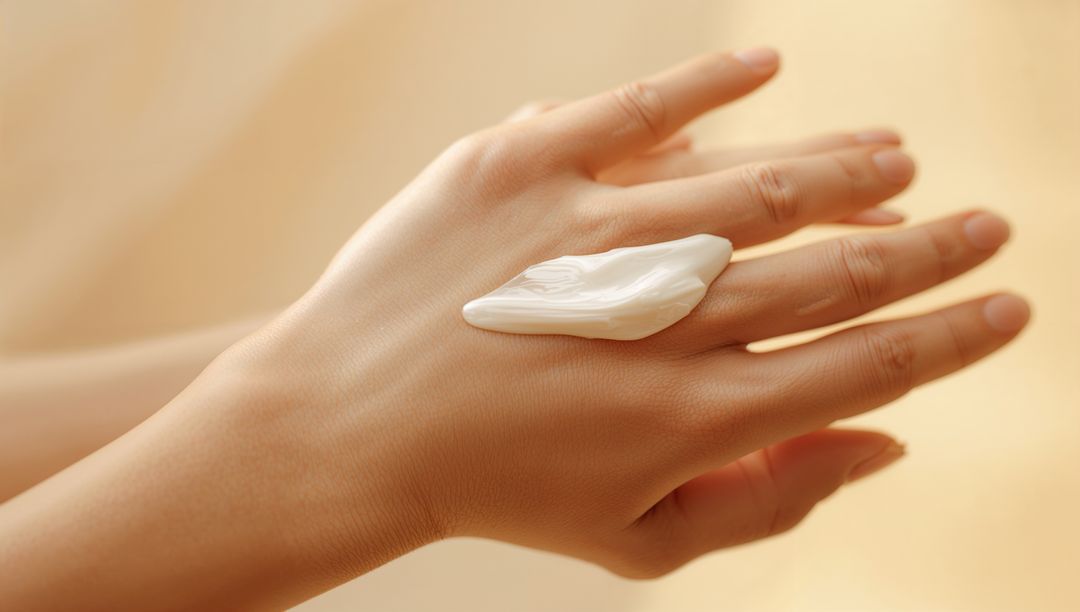 Applying moisturizing cream on woman's hand for hydration and glow and nail care