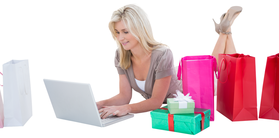 Happy Blonde Woman Shopping Online with Laptop and Gifts on Transparent Background - Download Free Stock Images Pikwizard.com