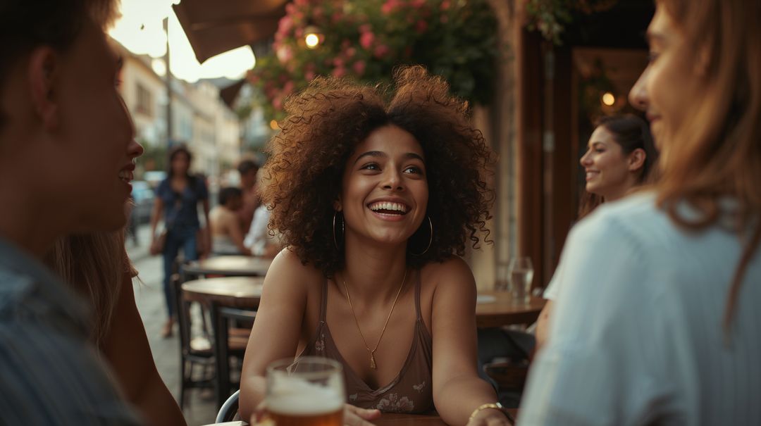 Curly-haired woman laughing with friends at alfresco cafe during golden hour