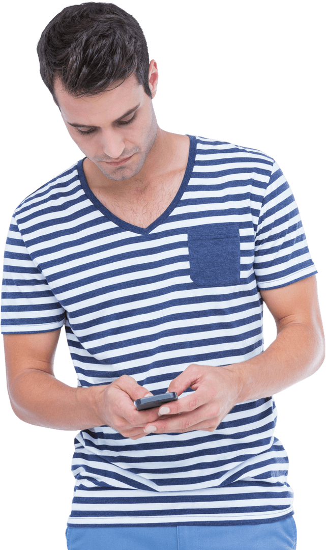 Transparent Focused Man Text Messaging Wearing Striped Shirt
