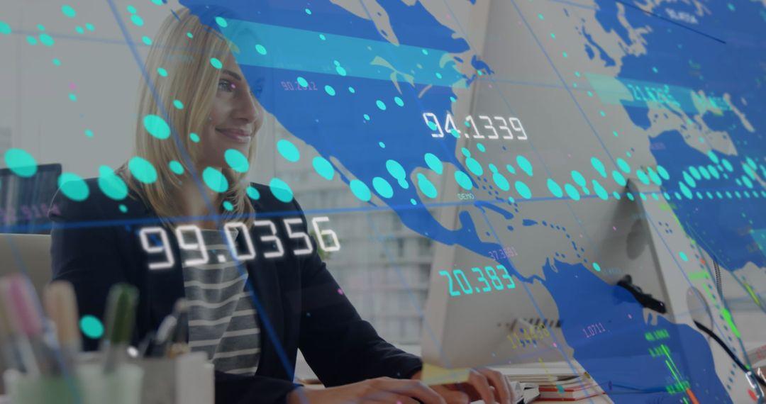 Businesswoman Analyzing Global Digital Data in Office