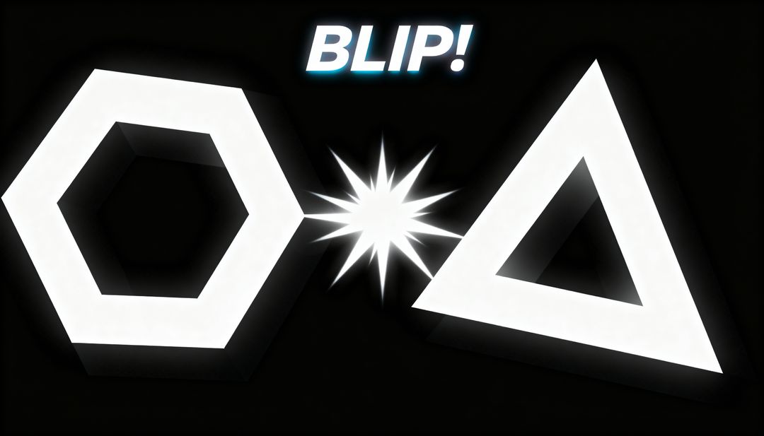 Neon Hexagon and Triangle Colliding with Central Burst and BLIP! Minimalist Polygon Glow