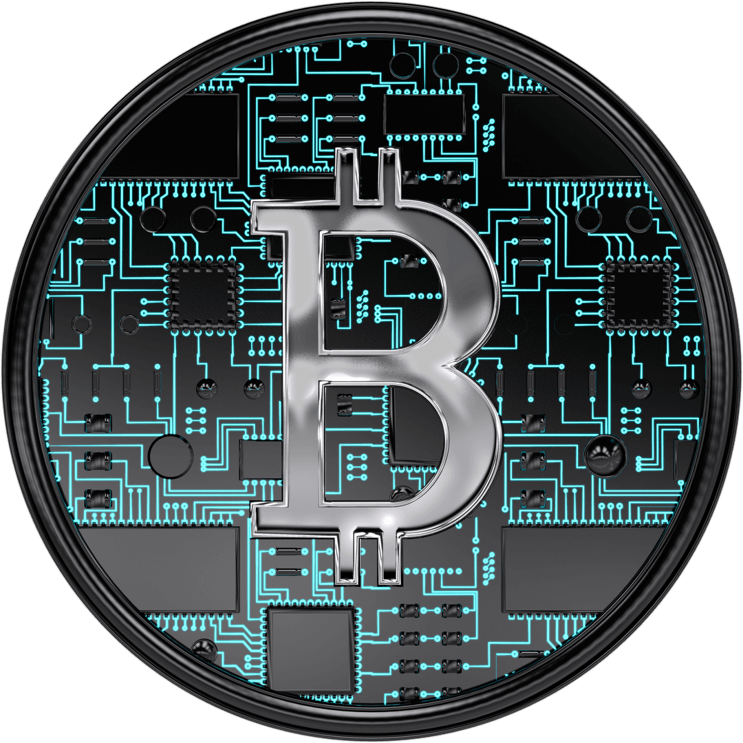 Digital Bitcoin with Black Blue Circuit Design Transparent Background