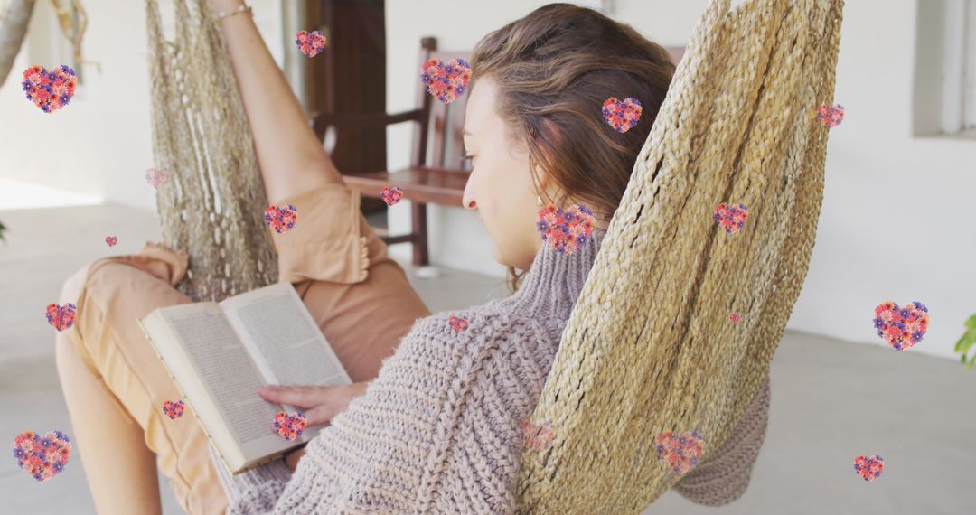 Serene Woman Reading in Hammock With Heart Overlay