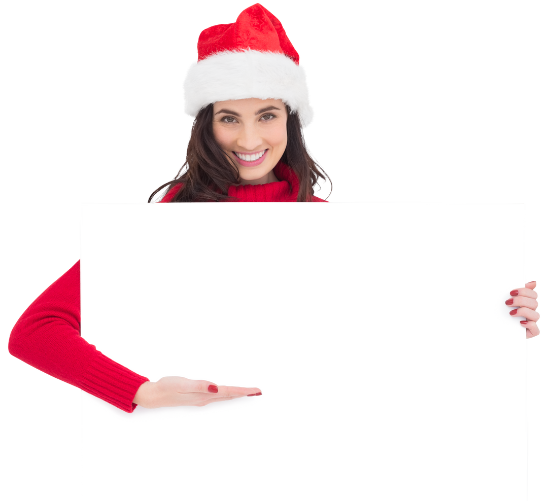 Cheerful Woman in Santa Hat Pointing Towards Transparent White Poster - Download Free Stock Images Pikwizard.com