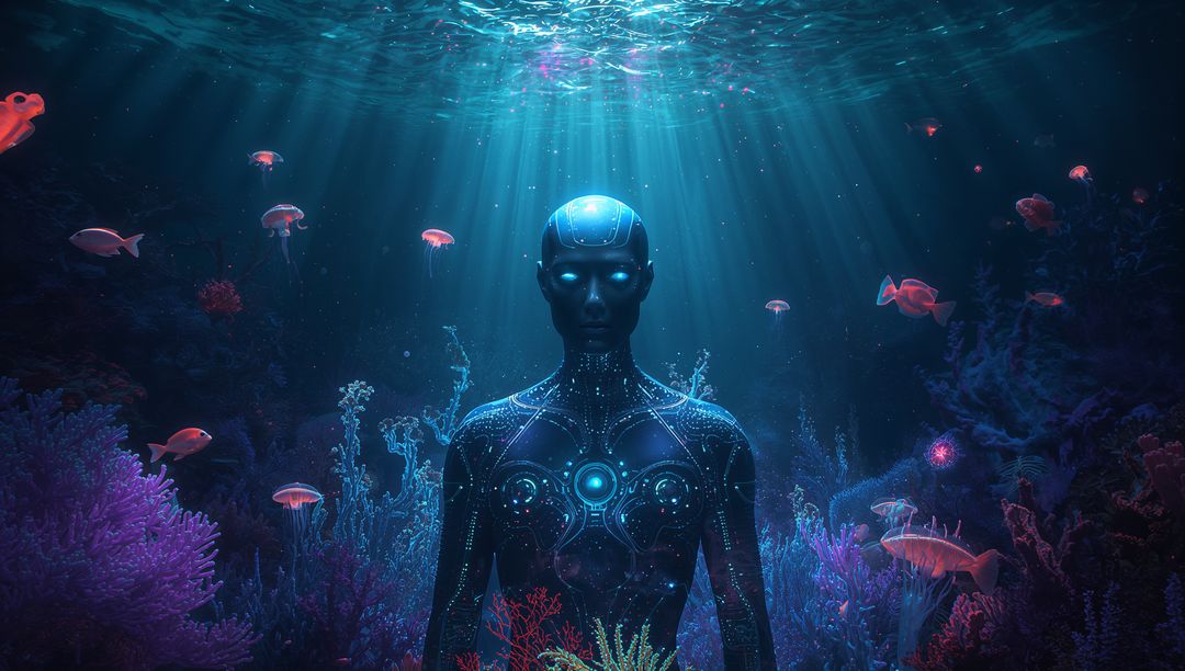 Luminous Cybernetic Android Standing in Bioluminescent Coral Reef with Glowing Chest Core