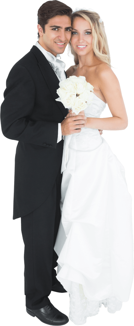 Happy Married Couple Posing with Flowers on Transparent Background