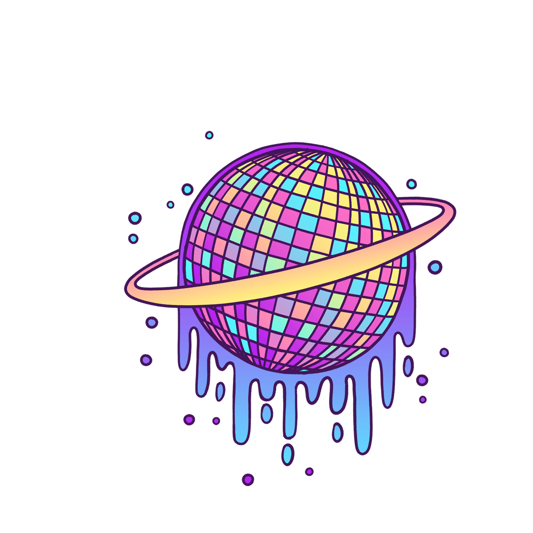 Vibrant Dripping Disco Ball Planet on Transparent Background