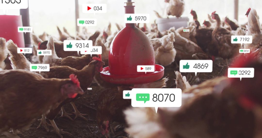 Poultry Barn Hens with Social Media Interface Overlay Symbolism