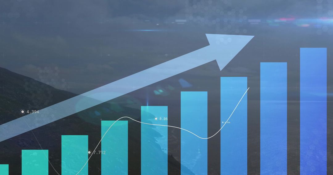 Bar Chart with Growth Arrow on Scenic Coastal Background
