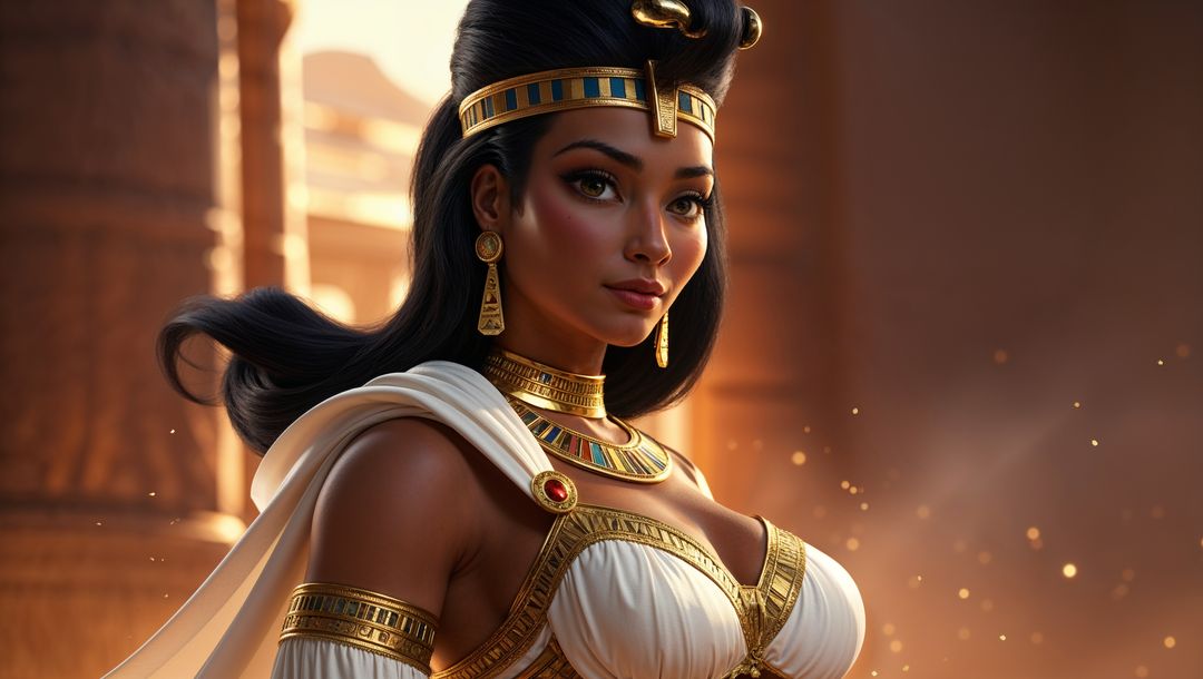 Regal egyptian cleopatra in ornate gown in historic temple