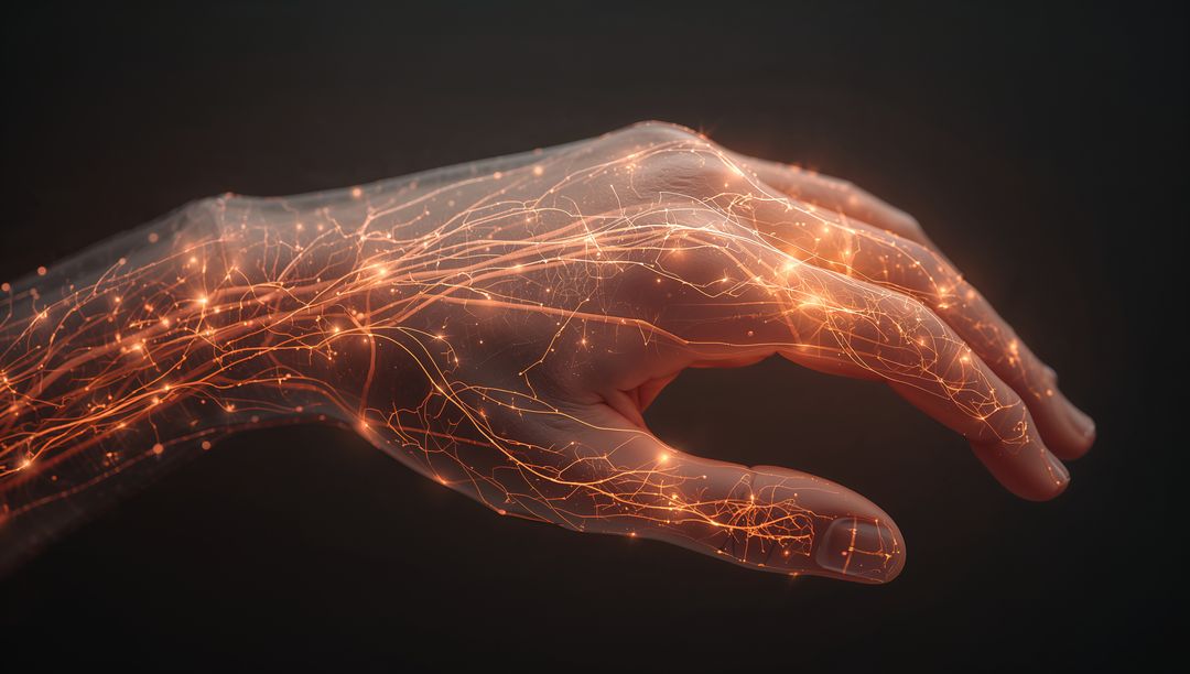 Right Hand Glowing with Neural Circuits and Filament Sparks for Futuristic Tech Interface