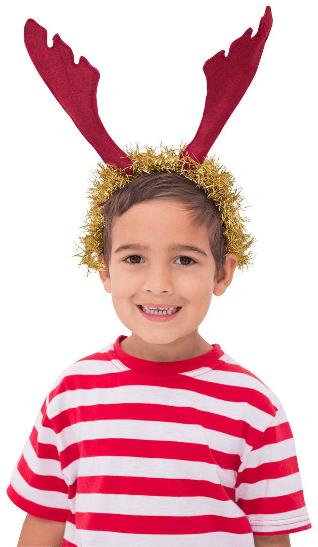 Transparent Background of Child Wearing Reindeer Antlers Smiling