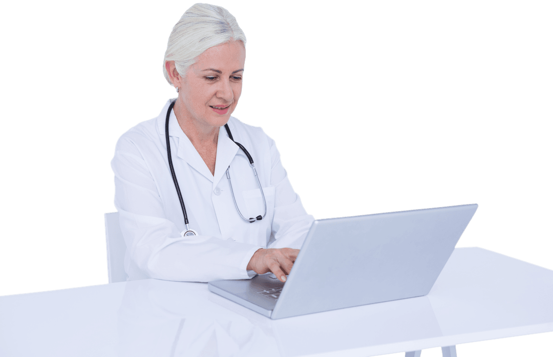 Senior Doctor Typing on Laptop Transparent Background