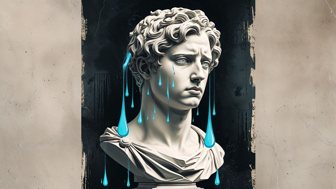 Classical Bust with Modern Tears Dripping on Elegant Marble