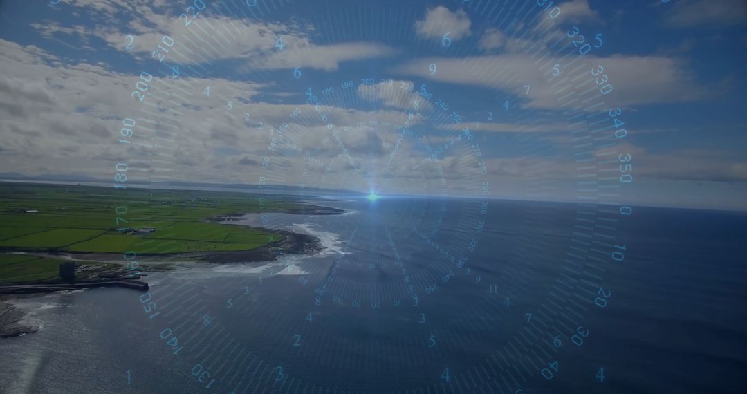 Aerial View with Digital Compass over Coastal Landscape