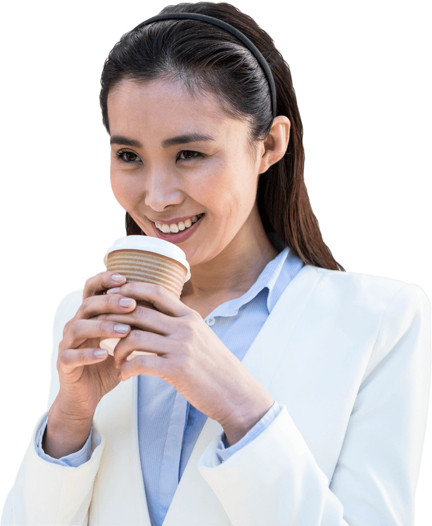 Smiling Businesswoman Enjoying Transparent Take-Away Coffee