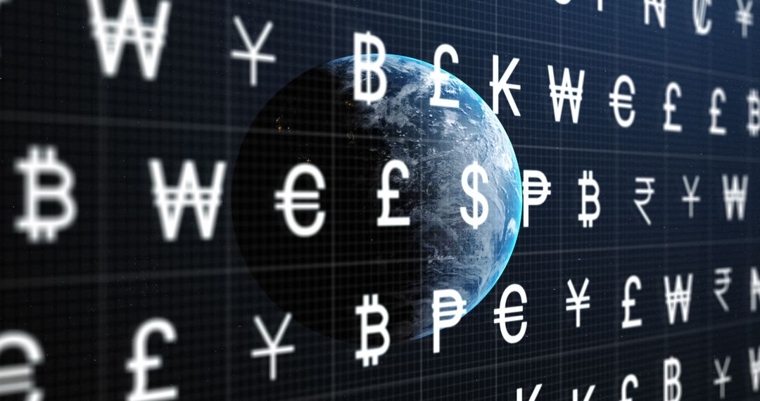 Global Economy and Currency Symbols Overlay on Earth