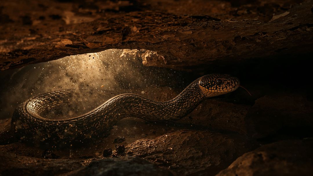 King cobra navigating dark cave crevice with dust particles