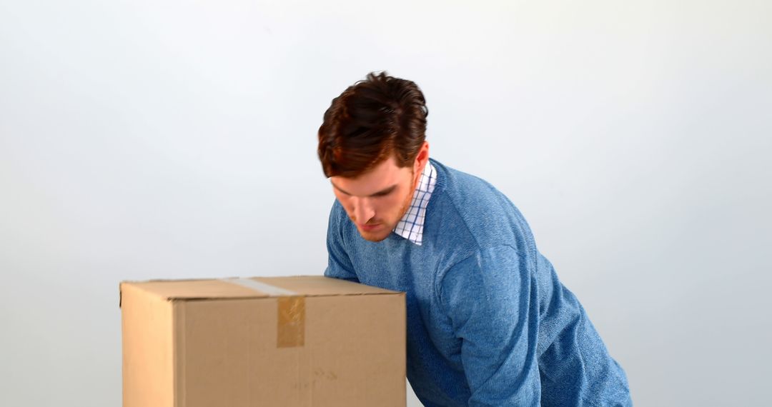 Casual Businessman Lifting Cardboard Box with Determined Focus