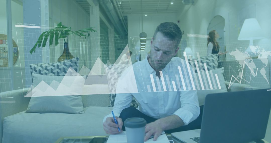 Businessman Analyzing Financial Data on Laptop with Global Graphs