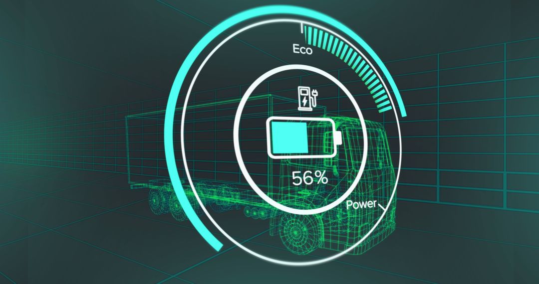 Futuristic Truck Battery Level with Eco Power Interface in 3D Space
