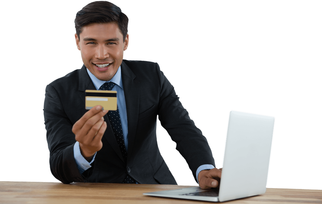 Businessman Showcasing Credit Card in Modern Office Setup