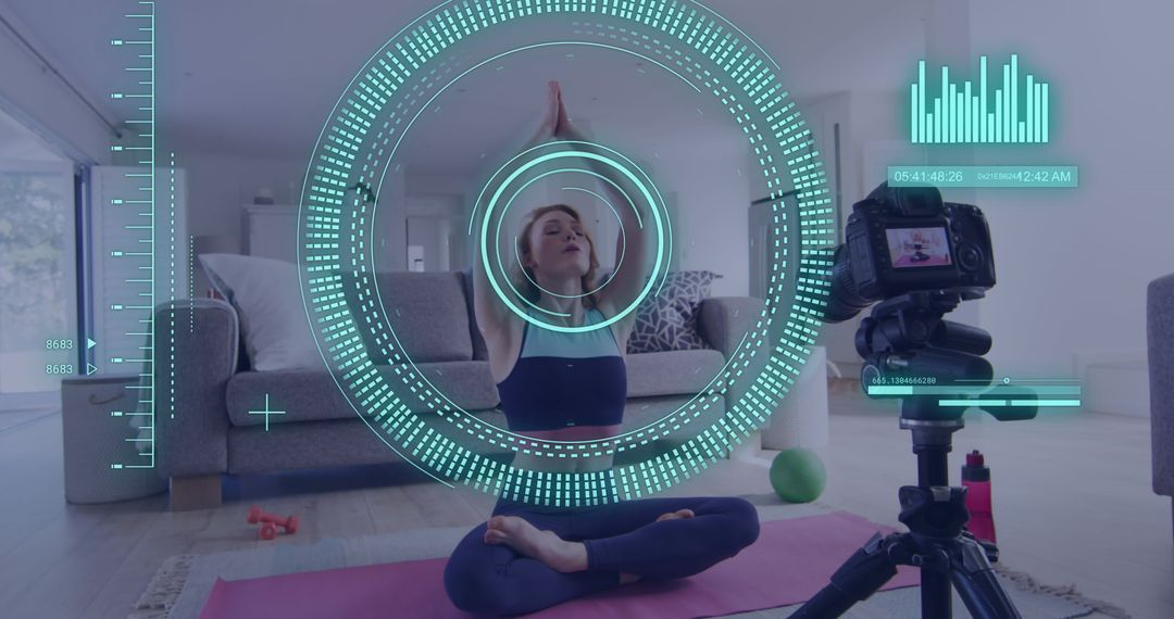 Influencer Recording Yoga Video with Digital Interface Overlay