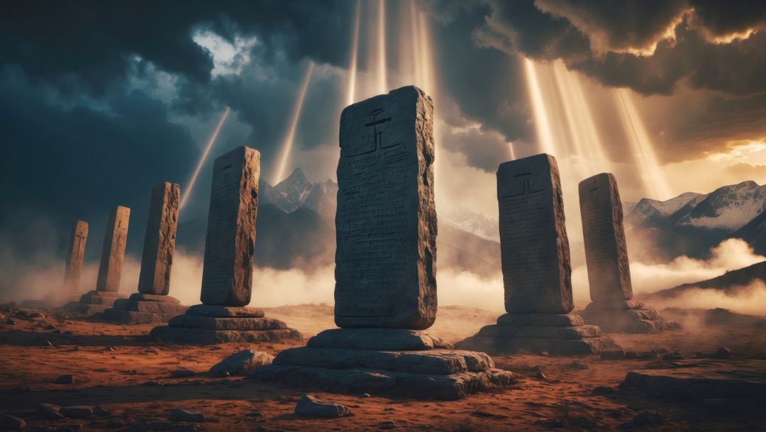 Mystical inscribed monoliths with sunlit beams under dramatic skies, ten commandments concept